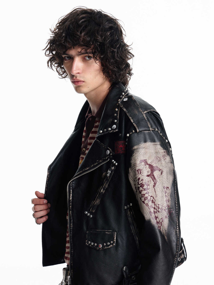 Irregular Placket Lychee-textured Biker Jacket
