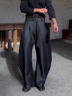 Chic Black Oversized Wide-Leg Pants With High-Waisted Belt