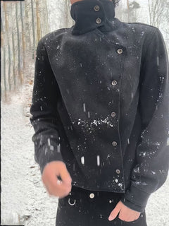 Black Asymmetrical Button Stand Collar Jacket