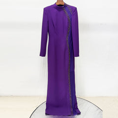 Purple Crepe High-Neck Long-Sleeve Beaded Mesh Cutout Mermaid Evening Gown