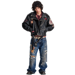 Irregular Placket Lychee-textured Biker Jacket