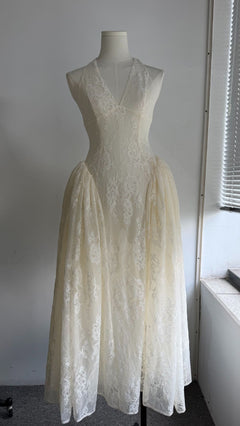 Halter V Neck Floral Lace Midi Bridal Dress