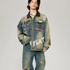 American-style Vintage Graffiti Denim Jacket Men's Spring