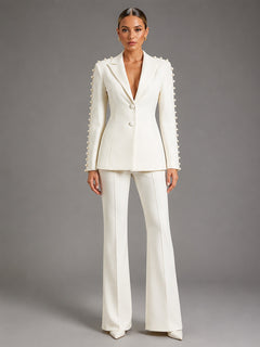 Pearl Embellished Peak Lapel Blazer & High Waist Full Flare Suit Trousers 2-Piece Set