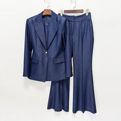 Textured Single Button Peak Lapel Blazer & High Waist Flared Floor-Length Pants Two-Piece Suit Set