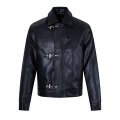 Glossy Slim-Fit Faux Leather Biker Jacket With Vintage-Style Buckle Fastening