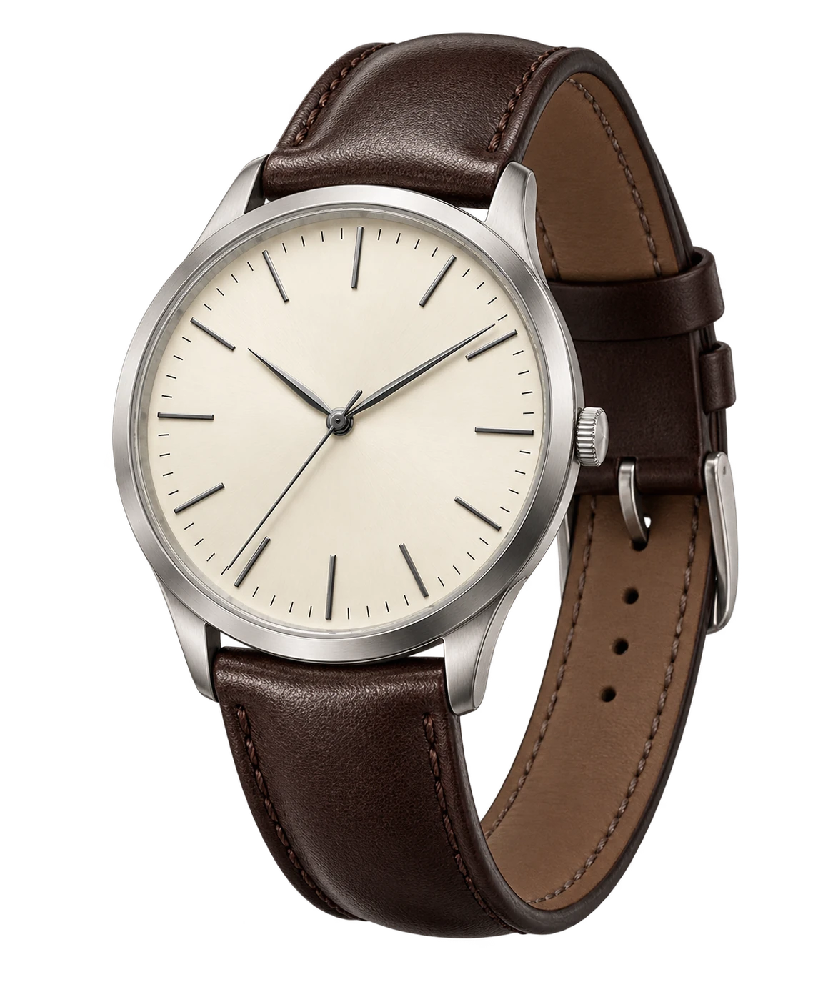 Editorial watch concept with an ivory dial and brown strap